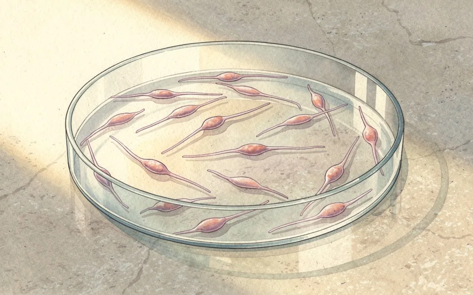 Illustrated elongated fibroblasts spread across a shallow culture dish