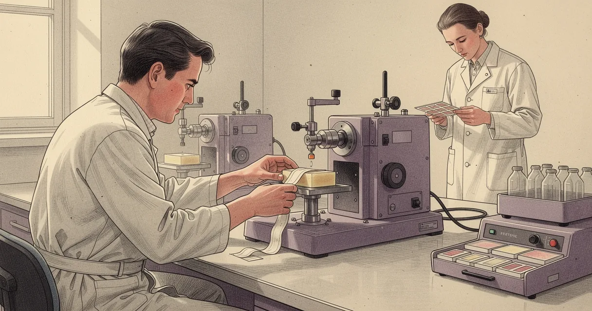 Illustration of a technician cutting a wax tissue block at a rotary microtome
